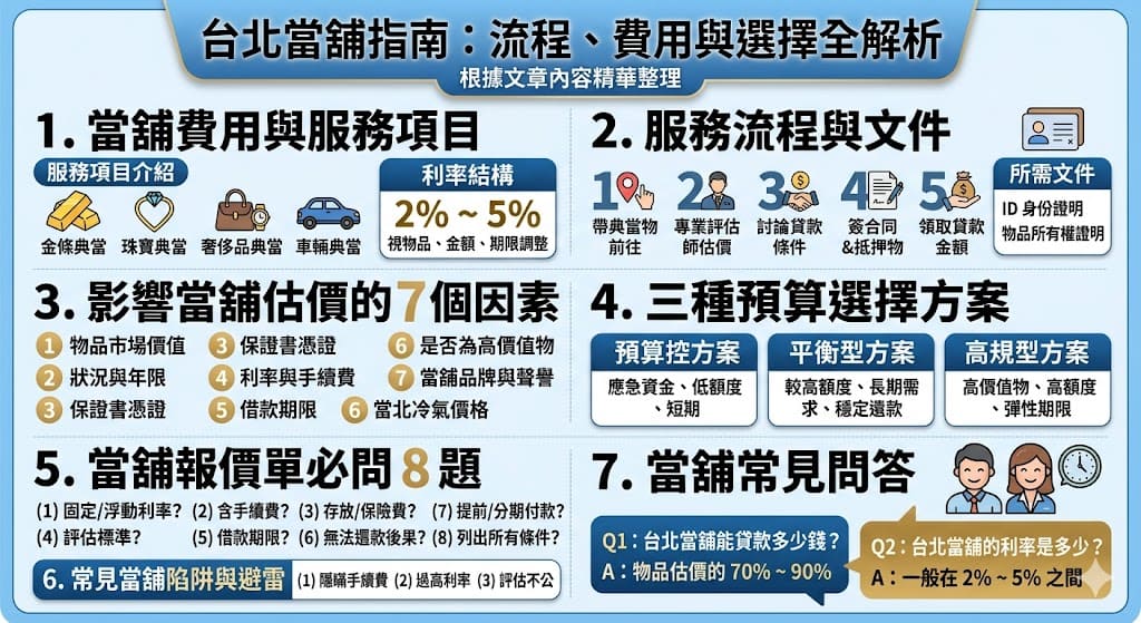 在尋求台北當舖服務時，了解當舖的費用結構和服務流程非常重要。無論是需要金條、珠寶或其他奢侈品典當，台北當舖會根據物品的市場價值與其他條件提供貸款額度。本文深入介紹了台北當舖的三種預算選擇方案，並詳細解釋了報價單必問的8個問題，幫助消費者做出明智的選擇。無論是第一次使用當舖，還是常常需要資金周轉的客戶，都能從中獲得實用的資訊。